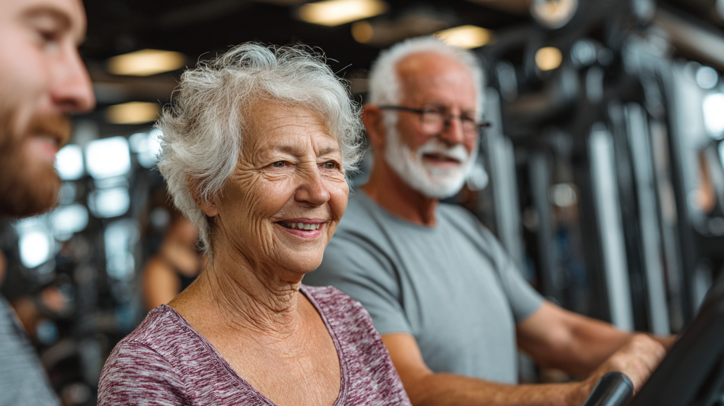 Група людей зрілого віку займається фітнесом в сучасному залі